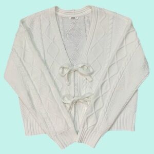 Ardene White Cable Knit Cardigan Bow Front Tie Coquette Balletcore Sweater Large